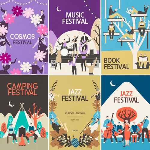 旅游团旅行植物树木插画插图乐队歌唱音乐会PSD设计素材