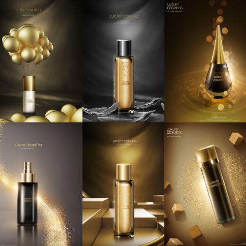 金色奢华化妆品广告丝带丝绸护肤品美容广告设计PSD素材