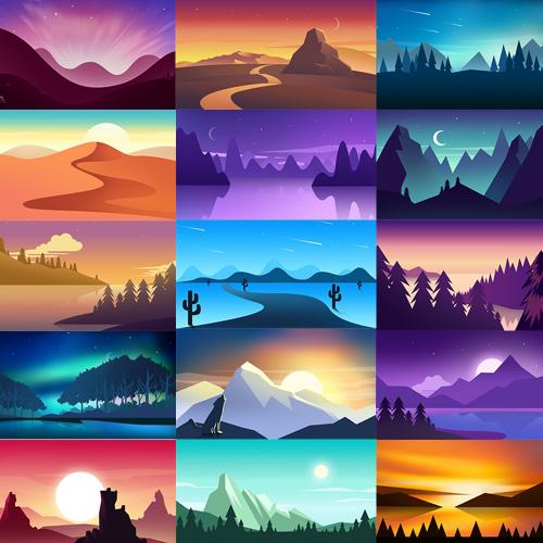 风景2.5D植物山脉山水装饰画湖山远景卡通插画PSD分层素材