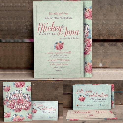 主题婚礼复古玫瑰花婚礼邀请函请柬卡片PSD设计素材模板