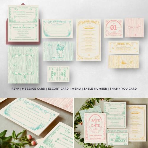 主题婚礼森林木纹复古婚礼邀请函请柬卡片PSD设计素材模板