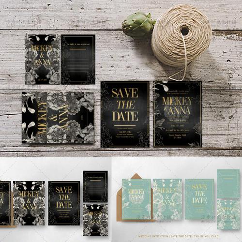 黑金蒂芙尼蓝婚礼邀请卡请柬邀请函贺卡模板PSD设计素材