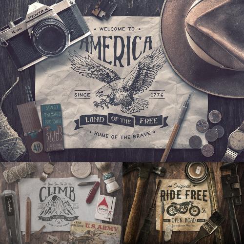 终极怀旧古董场景样机元素相机笔墨工具标志PSD分层设计素材