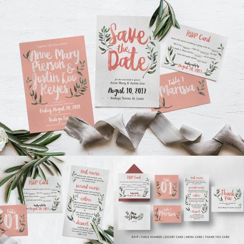 主题婚礼粉色绿叶森系婚礼邀请函请柬卡片PSD设计素材模板