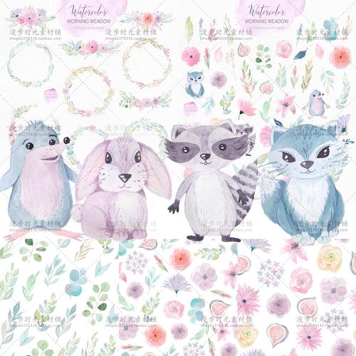 淡雅森系手绘水彩花环边框动物兔子卡片PNG免抠装修设计素材