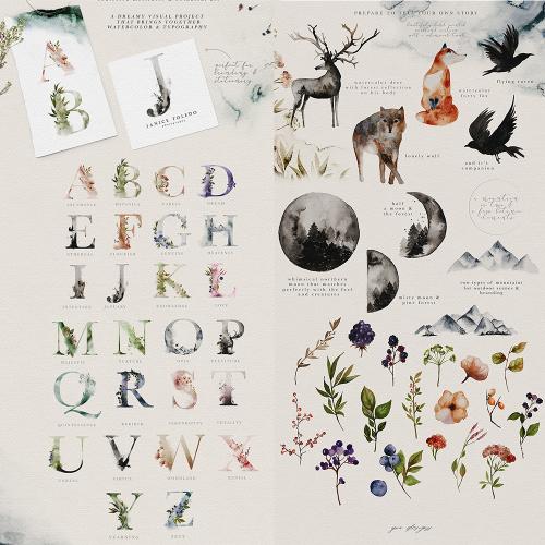 水彩英文字母婚礼花环lOGO麋鹿头像卡片背景PNG免扣设计素材