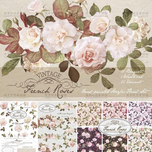 复古玫瑰花婚礼请柬邀请函迎宾背景卡片手帐PNG免抠设计素材