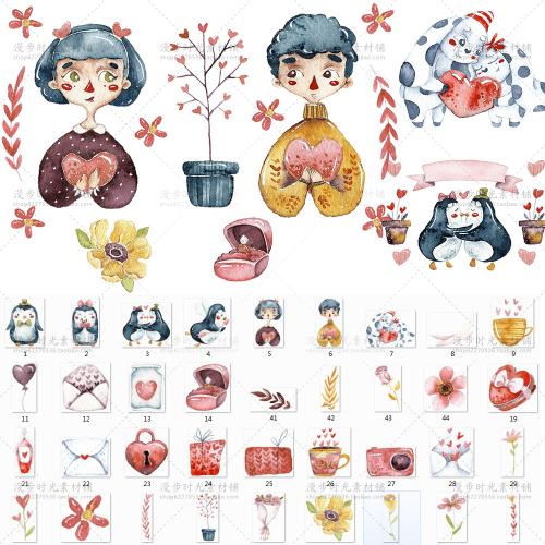 手绘水彩卡通情人节爱情表白求婚企鹅狗PNG卡片海报设计素材