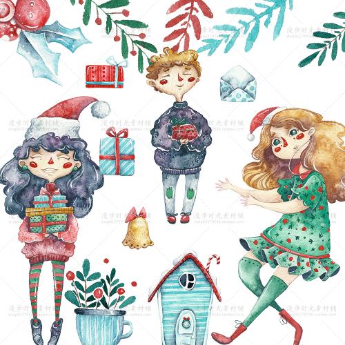 手绘水彩复古冬天圣诞节女孩信封礼盒PNG免扣图片卡片设计素材