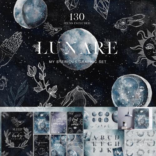 手绘水彩星空日食花边英文字母PNG+PSD卡片设计素材含字体