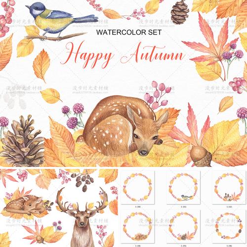 秋季森系水彩小鹿松果枫叶树叶卡片背景PSD+PNG免抠设计素材