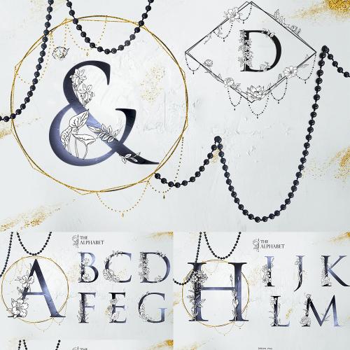 简约线描婚礼LOGO水印花环花卉英文字母图案PNG免抠设计素材