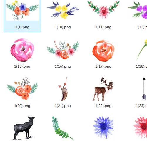 水彩麋鹿玫瑰花风信子虞美人海报贺卡手账结婚请柬PNG设计素材