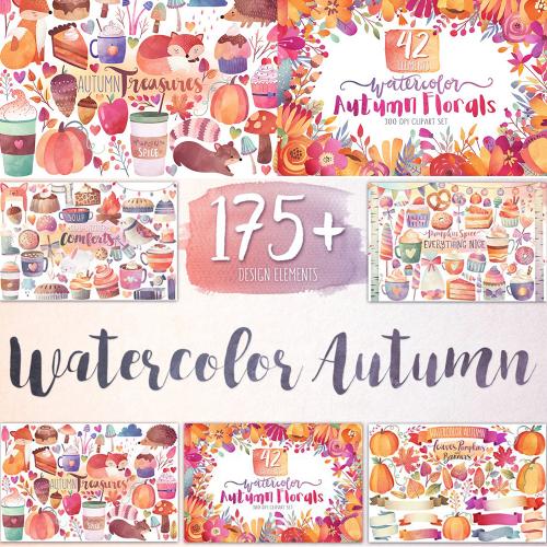 秋冬主题花卉叶子点心水彩剪贴画婚礼请柬邀请函PNG设计素材