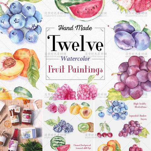 手绘水彩水果葡萄西瓜樱桃草莓蓝梅猕猴桃手账卡片PNG设计素材