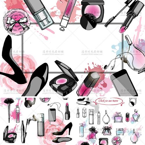 线描化妆品彩妆高跟鞋香水卡片海报背景墙矢量PES+PNG设计素材