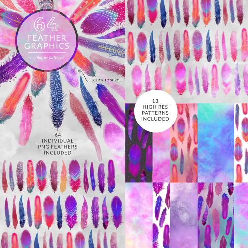 手绘水彩漂亮粉色紫色羽毛卡片手帐请柬PNG免抠设计素材