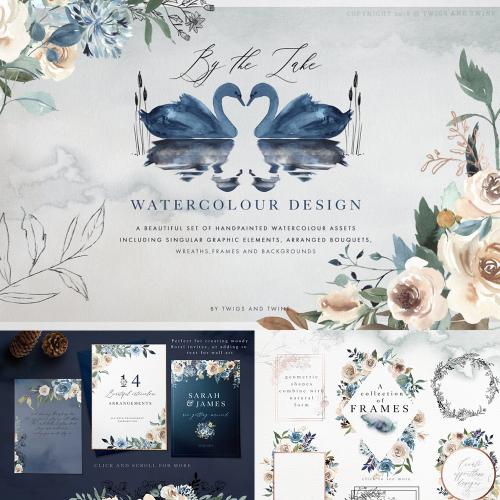 手绘水彩主题婚礼LOGO背景请柬邀请函天鹅兔子PNG设计素材