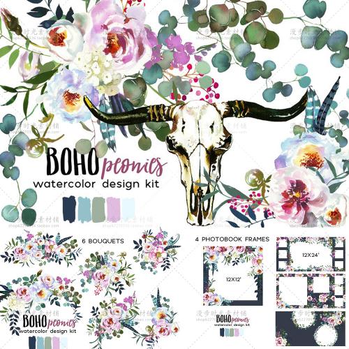 波西米亚风粉白色牡丹水彩花束花环请柬邀请函PNG设计素材