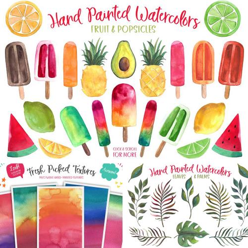 手绘水彩夏天水果冰棍叶子柠檬西瓜印刷卡片LOGOPNG设计素材