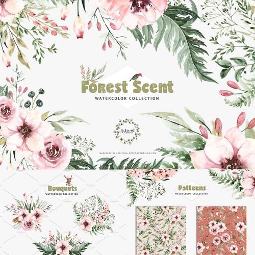 手绘水彩花朵麋鹿婚礼请柬邀请函卡片手帐PNG免抠设计素材