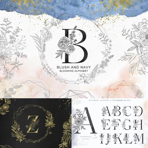 AI矢量金色简约花环英文字母婚礼请柬卡片PNG免抠PS设计素材