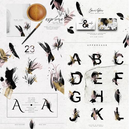 中国风水墨迹笔触抽象花朵英文字母卡片背景PNG免扣设计素材