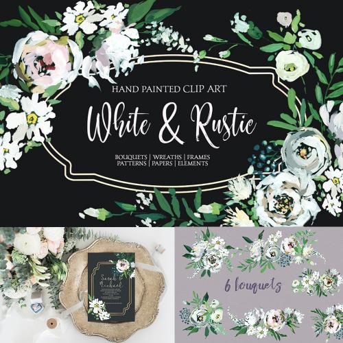 白色格调手绘花卉婚礼邀请函请柬印刷卡片纺织品PNG设计素材