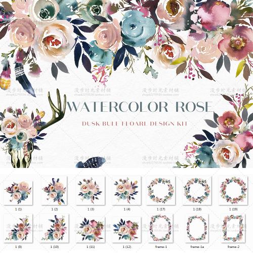 唯美森系淡雅手绘水彩花环花框婚礼请柬卡片PNG免抠设计素材