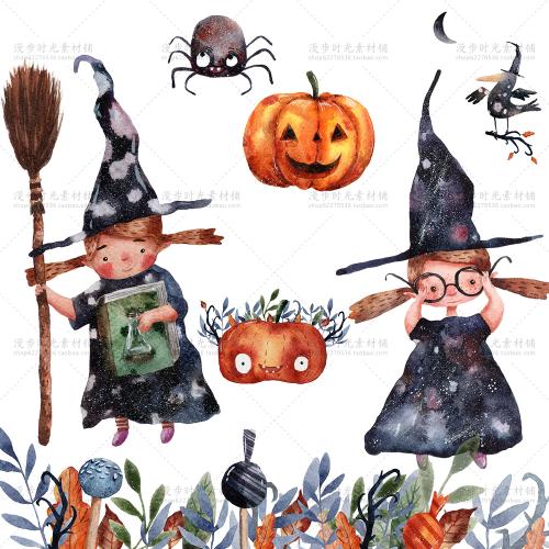 手绘水彩卡通万圣节女巫南瓜面具蜘蛛PNG免扣图片设装饰计素材