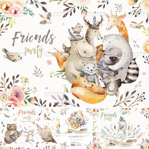 森系手绘水彩动物花朵查环请柬邀请卡片 PSD+PNG免抠设计素材