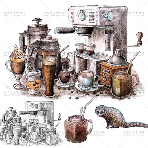黑白淡彩手绘线稿鹿香猫屎咖啡研磨机咖啡机咖啡壶PNG设计素材