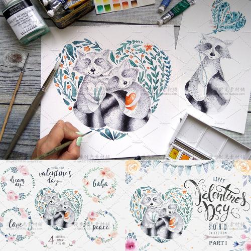 水彩手绘浣熊装饰画芯生日贺卡卡片请柬LOGO卡通PNG设计素材