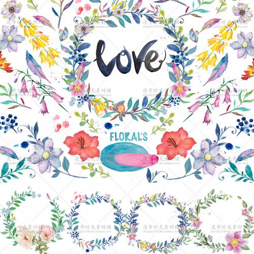 森系田园水彩手绘花朵贺卡手账PNG设计素材结婚请柬花环LOGO