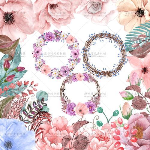 水彩手绘牡丹花虞美人玫瑰花手账PNG设计素材结婚请柬花环LOGO