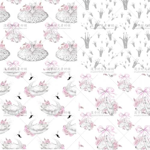 水彩芭蕾舞鞋白天鹅无缝拼接平铺背景图案PNG免扣PSD设计素材
