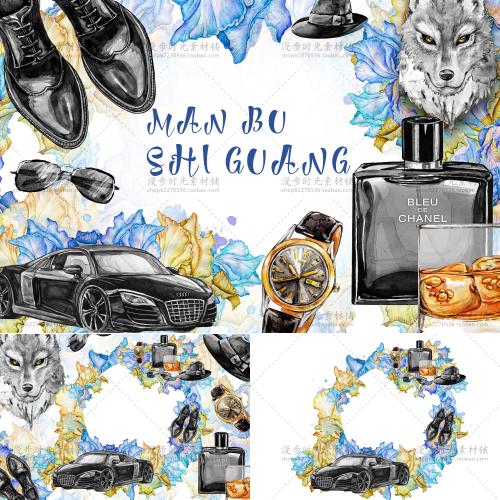 时尚潮男服装店海报男士香水皮鞋背景墙PSD+PNG免抠设计素材