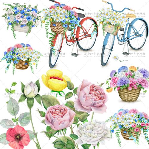 手绘花蓝花卉自行车免扣PNG+PSD设计素材水彩玫瑰请柬卡片婚礼