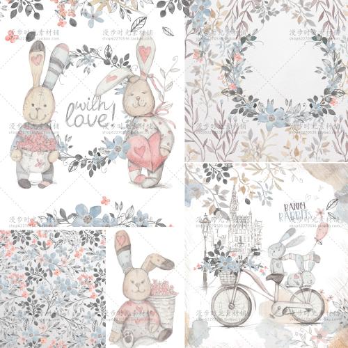 韩式婚礼请柬请帖手绘水彩彩铅兔子淡素雅花环PNG免抠设计素材