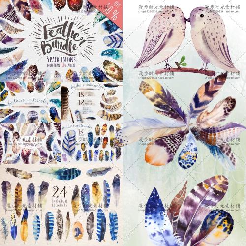 唯美森系梦幻彩色羽毛手帐相册卡片手绘水彩PNG免抠设计素材