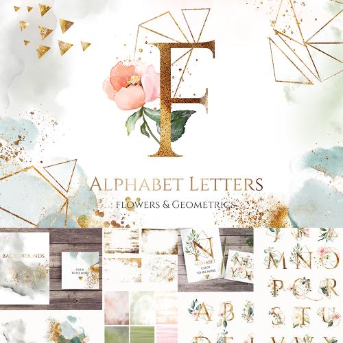 金色英文字母花朵婚礼LOGO标志请柬卡片 PSD+PNG免抠PS素材