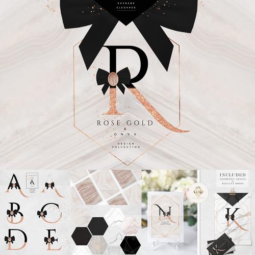 高端大理石纹理蝴蝶结金色英文字母婚礼请柬卡片PNG设计素材