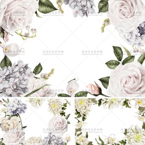 唯美淡雅玫瑰绣球花菊花花卉婚礼请柬邀请卡片PSD+PNG设计素材