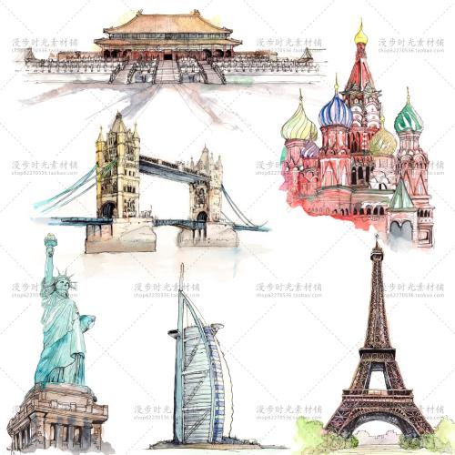 世界著名建筑物手绘彩铅线稿彩喷装饰画JPG高清图片设计素材