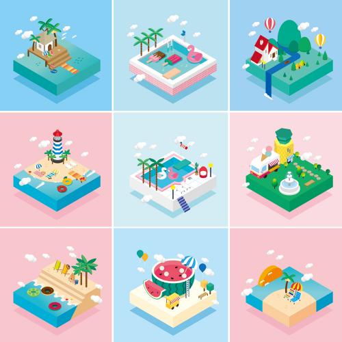 扁平化等距差2.5D等轴建筑场景渡假旅行矢量插画AI设计素材