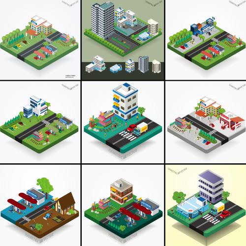 2.5D等距差城市建筑场景插画UI海报banner设计矢量ai素材