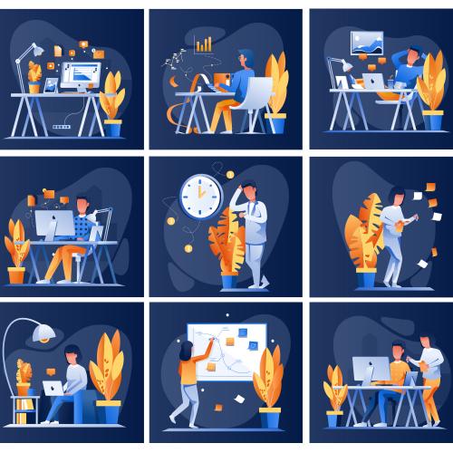 扁平化工作和办公室插图工作场景矢量插画UI app设计素材