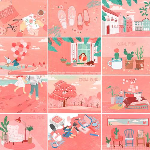 珊瑚橙橘粉手绘生活旅行家居人物卡通插画装饰PSD设计素材