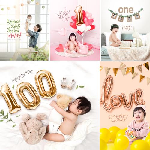 婴儿小孩百日宴生日宝宝全家福周岁写真集PSD分层设计素材