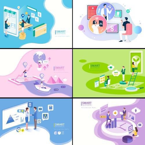 智能生活医疗扁平化卡通人物网页2.5D插画AI矢量设计素材